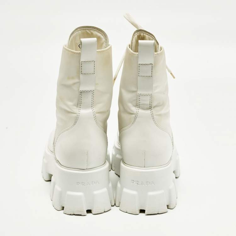 Pre Owned Prada Monolith Size 39 White Leather and Nylon Combat Boots