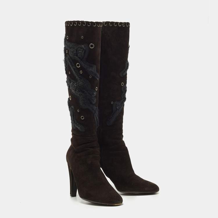 Pre Owned Prada Size 38.5 Brown Suede Knee Length Boots