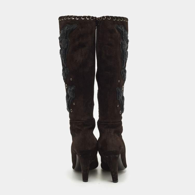Pre Owned Prada Size 38.5 Brown Suede Knee Length Boots