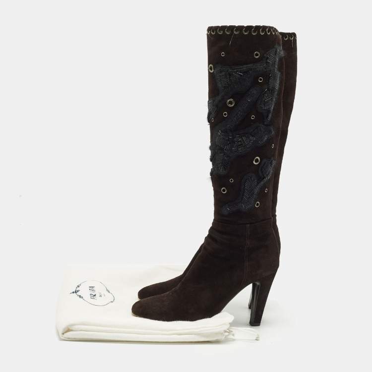 Pre Owned Prada Size 38.5 Brown Suede Knee Length Boots
