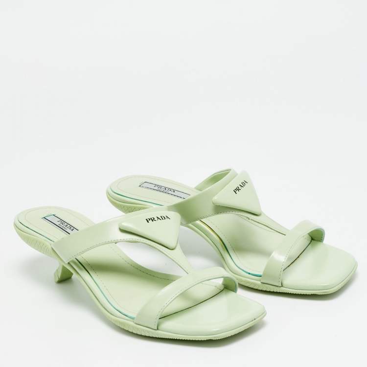 Pre Owned Prada Size 37 Green Leather Slide Sandals