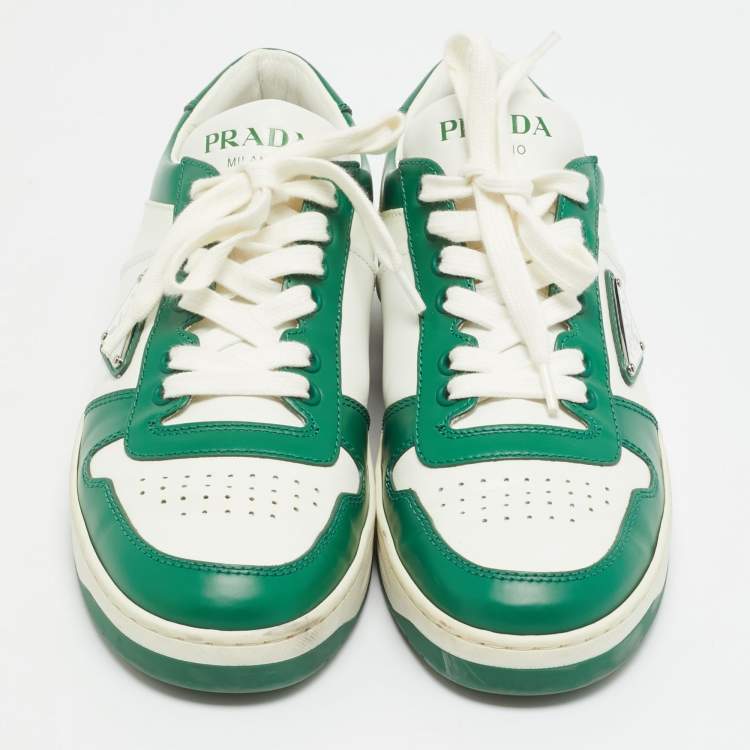 Pre Owned Prada Downtown Size 39.5 Green/White Leather Lace Up Sneakers