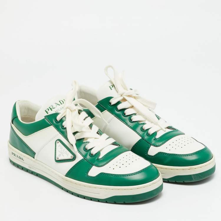 Pre Owned Prada Downtown Size 39.5 Green/White Leather Lace Up Sneakers