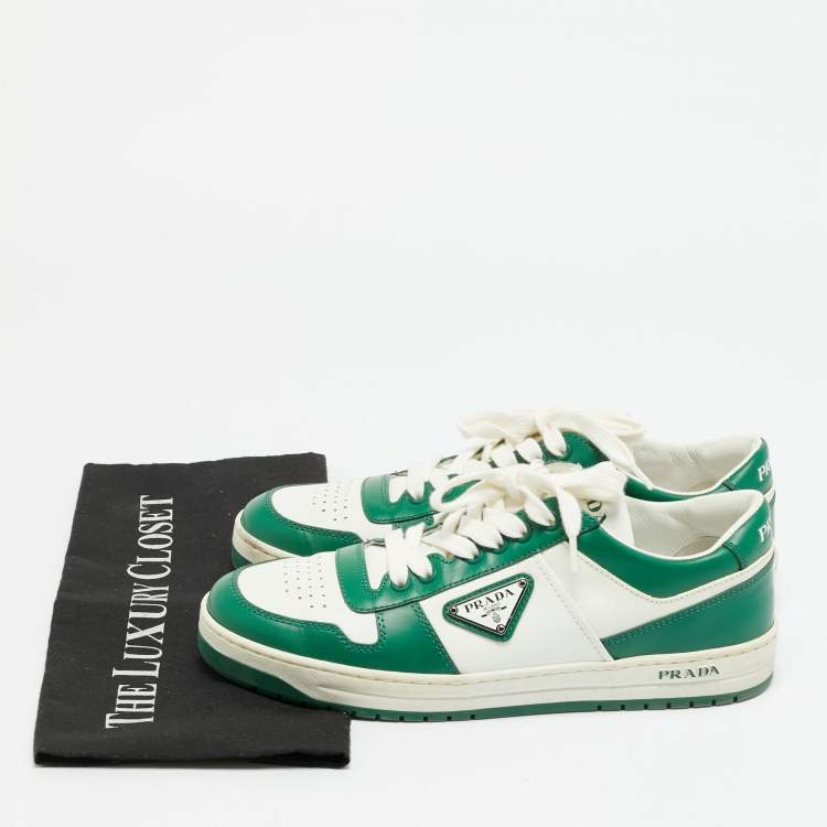 Pre Owned Prada Downtown Size 39.5 Green/White Leather Lace Up Sneakers