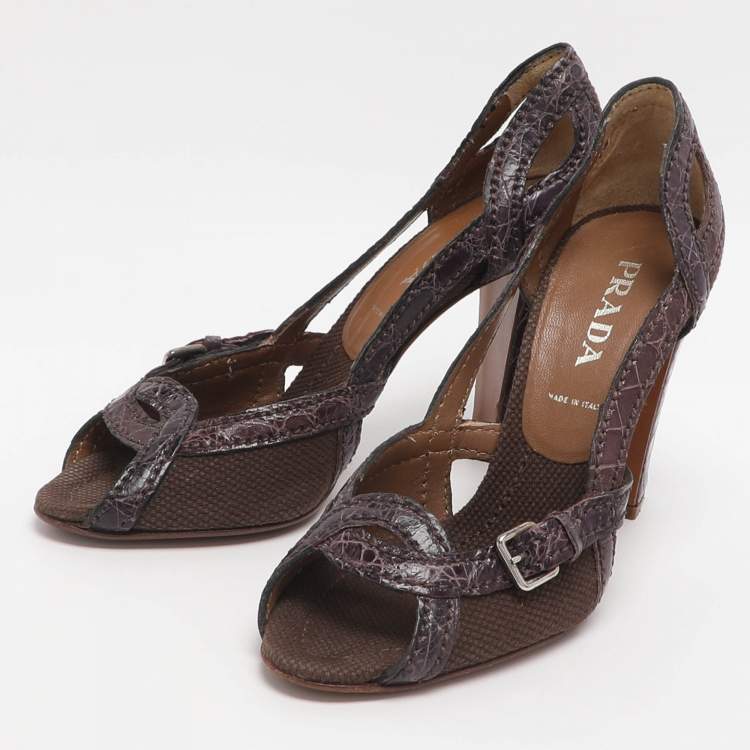 Pre Owned Prada Size 36 Purple Canvas and Croc Embossed Leather Peep Toe Pumps