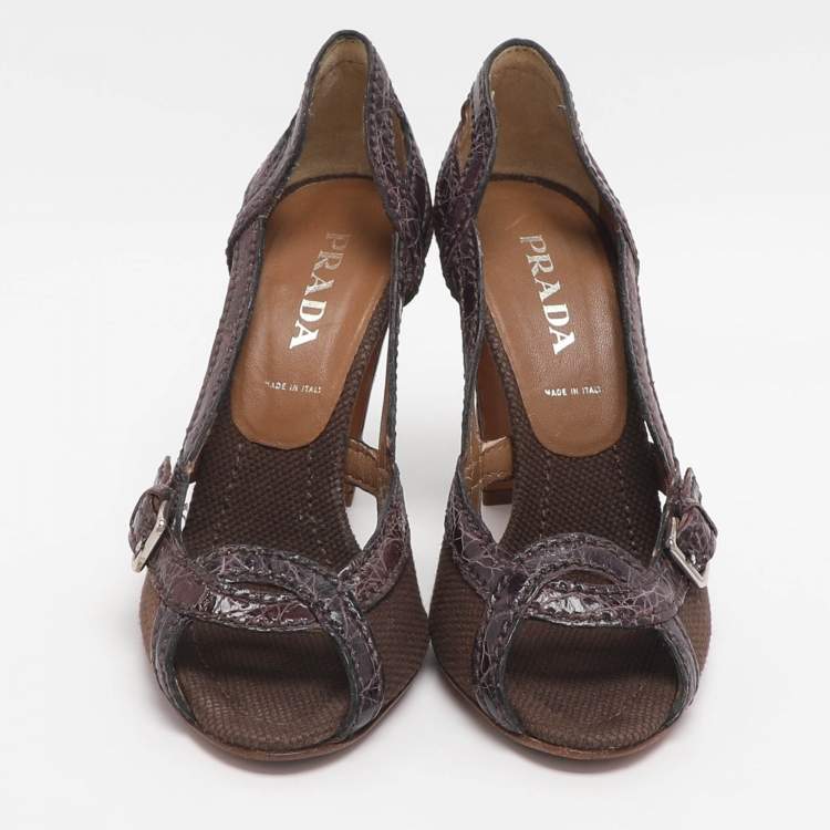 Pre Owned Prada Size 36 Purple Canvas and Croc Embossed Leather Peep Toe Pumps