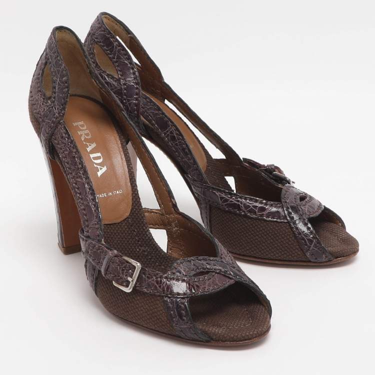 Pre Owned Prada Size 36 Purple Canvas and Croc Embossed Leather Peep Toe Pumps
