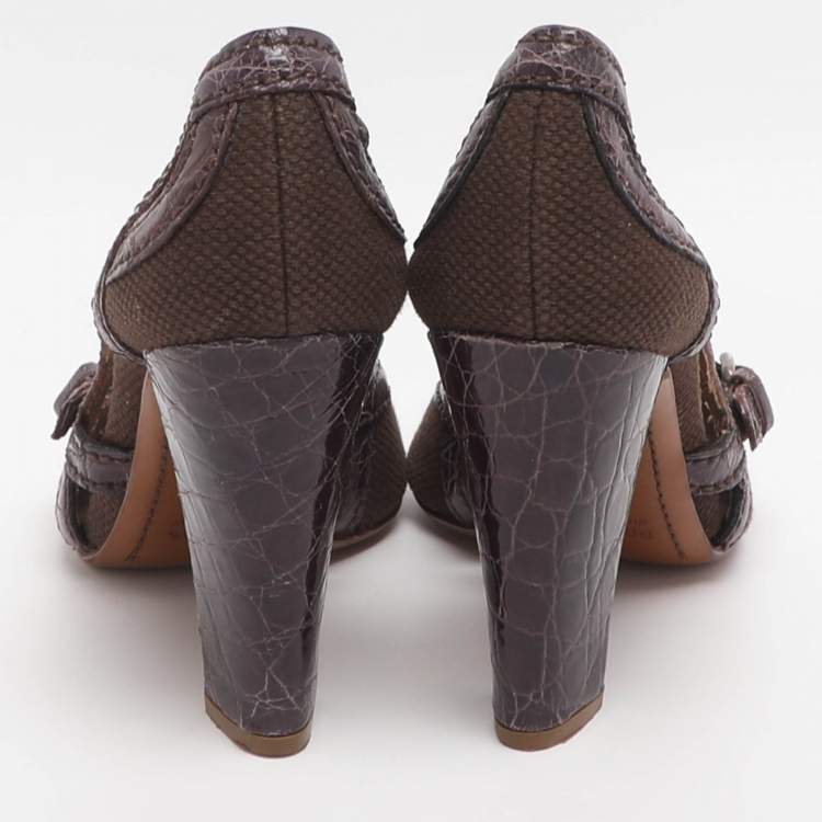 Pre Owned Prada Size 36 Purple Canvas and Croc Embossed Leather Peep Toe Pumps