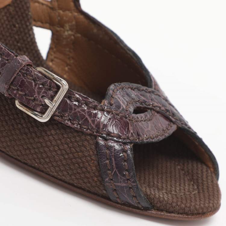 Pre Owned Prada Size 36 Purple Canvas and Croc Embossed Leather Peep Toe Pumps