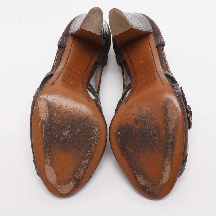 Pre Owned Prada Size 36 Purple Canvas and Croc Embossed Leather Peep Toe Pumps