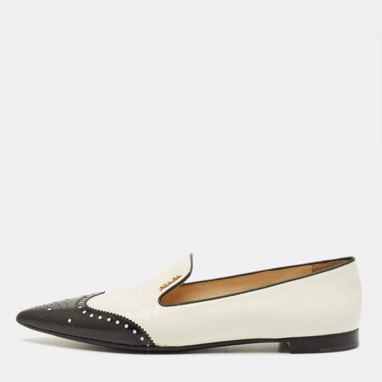 Pre Owned Prada Size 40 Silver/Black Leather Brogue Pointed Toe Smoking Slippers