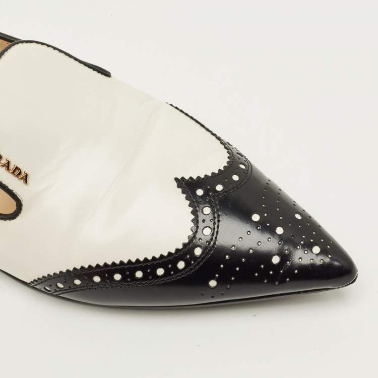 Pre Owned Prada Size 40 Silver/Black Leather Brogue Pointed Toe Smoking Slippers