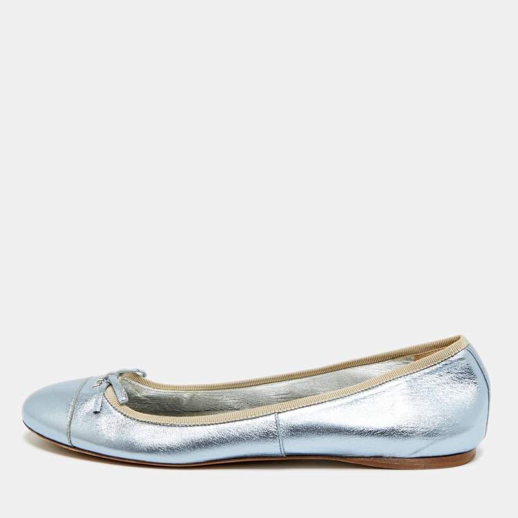 Pre Owned Prada Size 39.5 Metallic Blue Leather Bow Ballet Flats