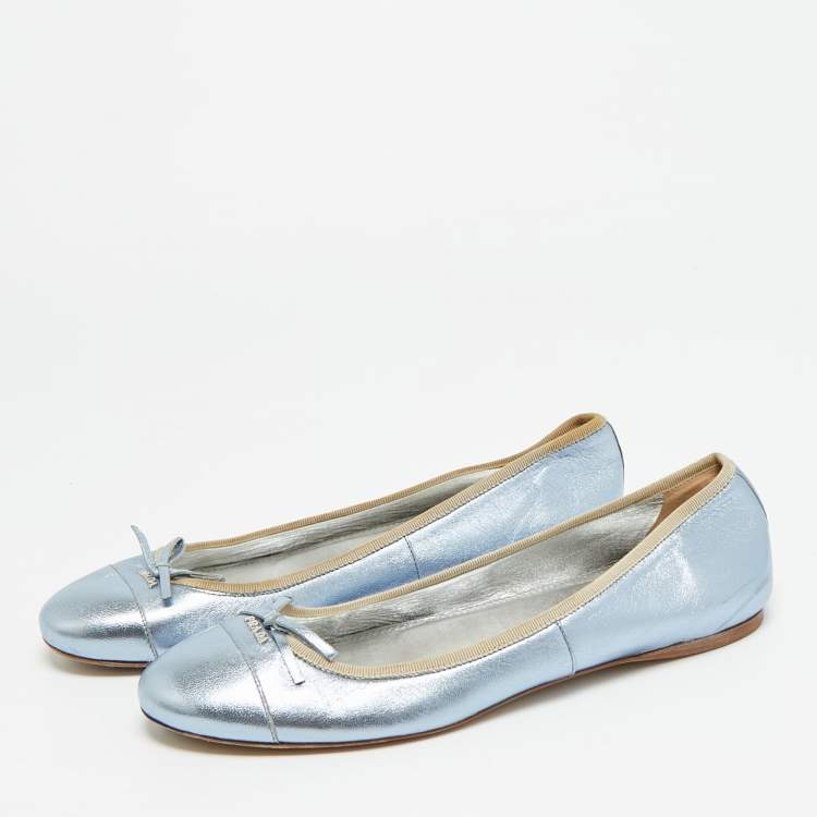 Pre Owned Prada Size 39.5 Metallic Blue Leather Bow Ballet Flats