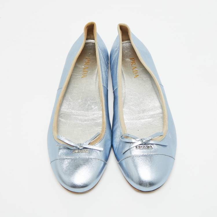Pre Owned Prada Size 39.5 Metallic Blue Leather Bow Ballet Flats