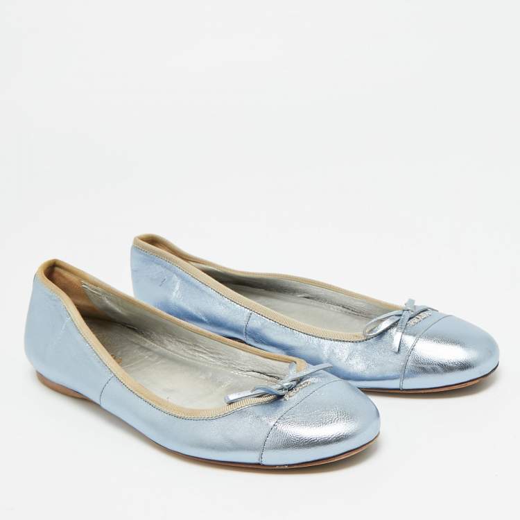 Pre Owned Prada Size 39.5 Metallic Blue Leather Bow Ballet Flats