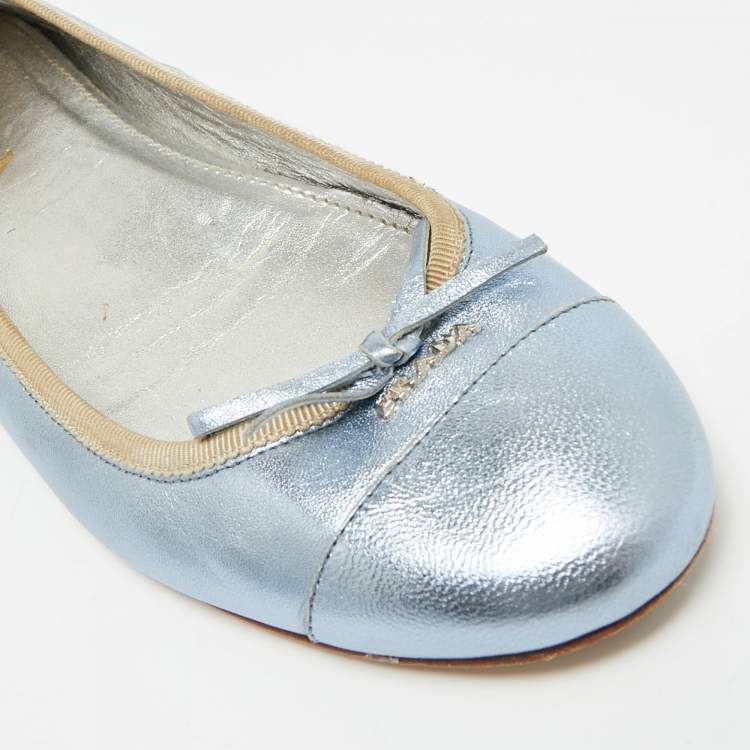 Pre Owned Prada Size 39.5 Metallic Blue Leather Bow Ballet Flats