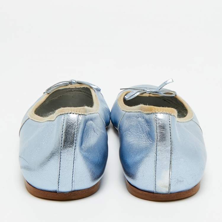 Pre Owned Prada Size 39.5 Metallic Blue Leather Bow Ballet Flats