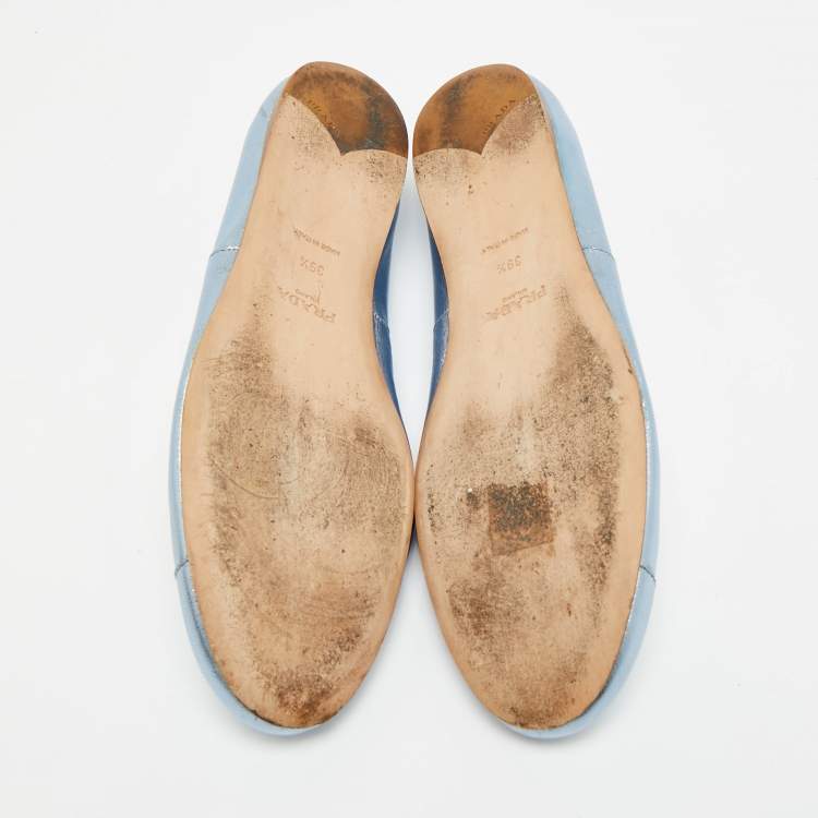 Pre Owned Prada Size 39.5 Metallic Blue Leather Bow Ballet Flats