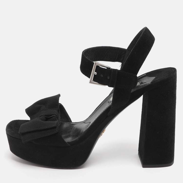 Pre Owned Prada Bow Size 39 Black Suede Ankle Strap Platform Sandals