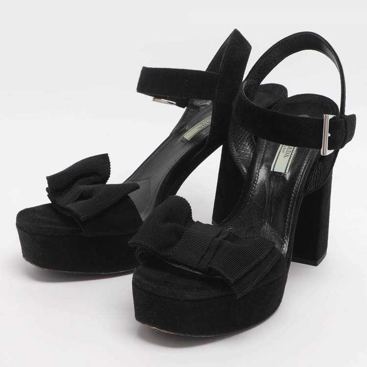 Pre Owned Prada Bow Size 39 Black Suede Ankle Strap Platform Sandals