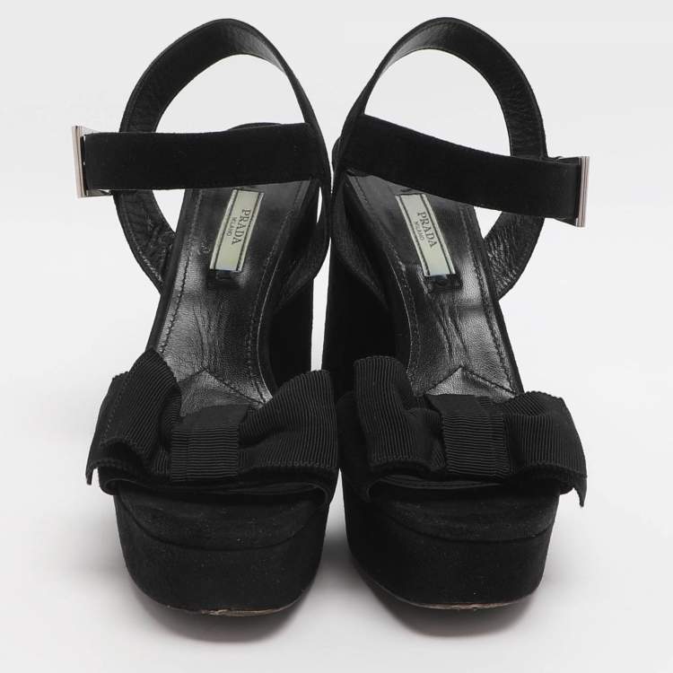 Pre Owned Prada Bow Size 39 Black Suede Ankle Strap Platform Sandals