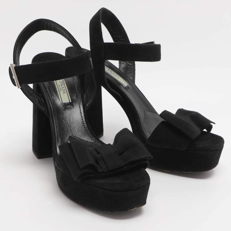 Pre Owned Prada Bow Size 39 Black Suede Ankle Strap Platform Sandals