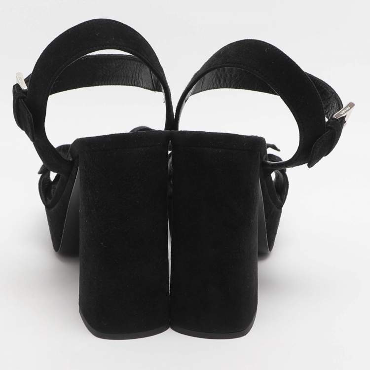 Pre Owned Prada Bow Size 39 Black Suede Ankle Strap Platform Sandals