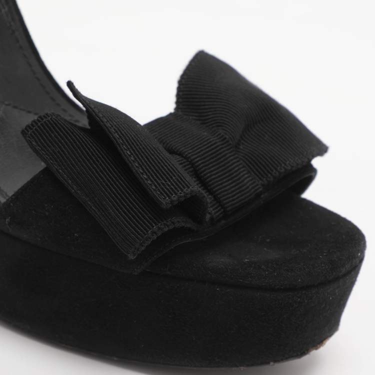 Pre Owned Prada Bow Size 39 Black Suede Ankle Strap Platform Sandals
