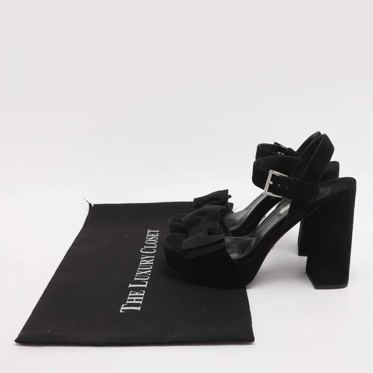 Pre Owned Prada Bow Size 39 Black Suede Ankle Strap Platform Sandals