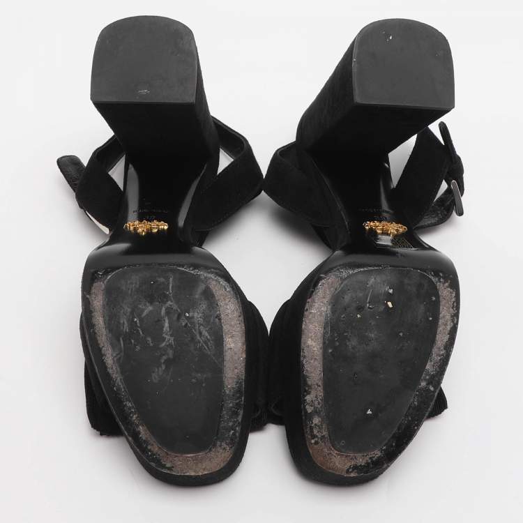 Pre Owned Prada Bow Size 39 Black Suede Ankle Strap Platform Sandals