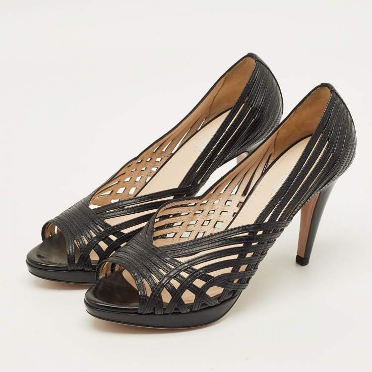 Pre Owned Prada Size 40 Black Woven Leather Peep Toe Pumps