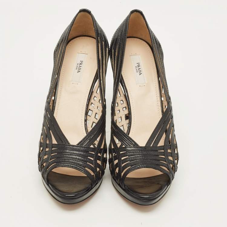 Pre Owned Prada Size 40 Black Woven Leather Peep Toe Pumps