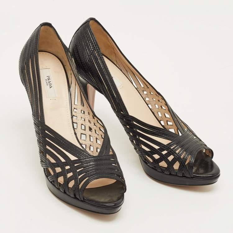 Pre Owned Prada Size 40 Black Woven Leather Peep Toe Pumps