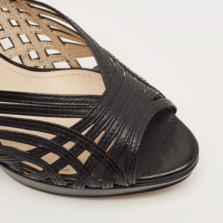 Pre Owned Prada Size 40 Black Woven Leather Peep Toe Pumps