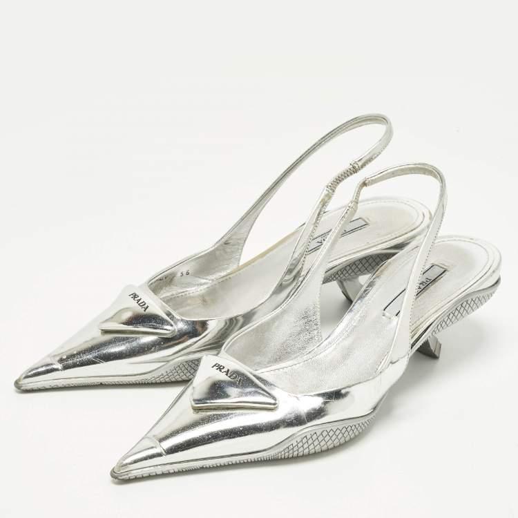 Pre Owned Prada Size 36 Silver Leather Pointed Slingback Pumps
