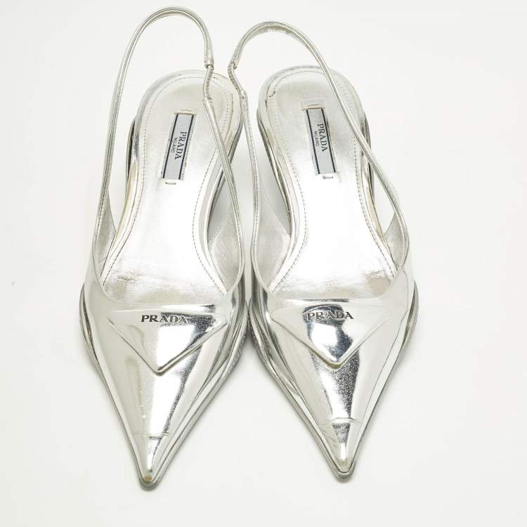 Pre Owned Prada Size 36 Silver Leather Pointed Slingback Pumps