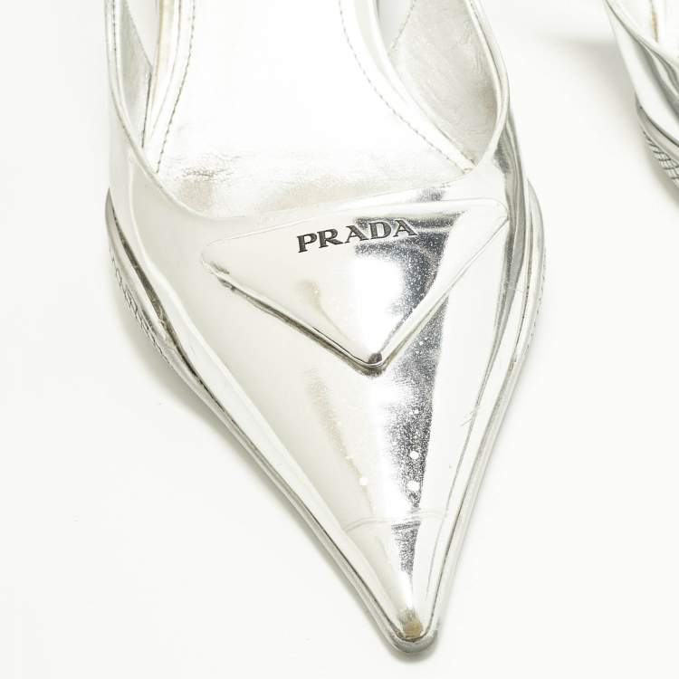 Pre Owned Prada Size 36 Silver Leather Pointed Slingback Pumps