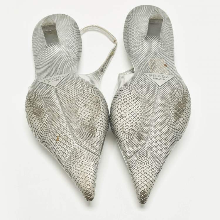 Pre Owned Prada Size 36 Silver Leather Pointed Slingback Pumps
