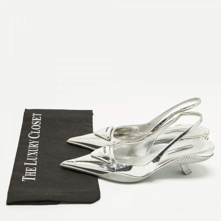 Pre Owned Prada Size 36 Silver Leather Pointed Slingback Pumps