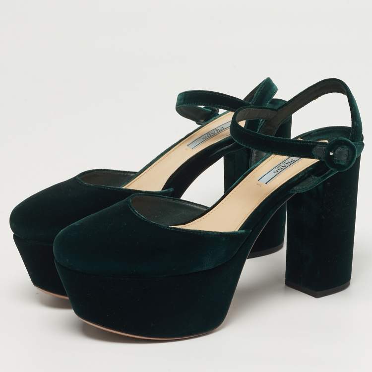 Pre Owned Prada Size 40 Green Velvet Platform Ankle Strap Pumps