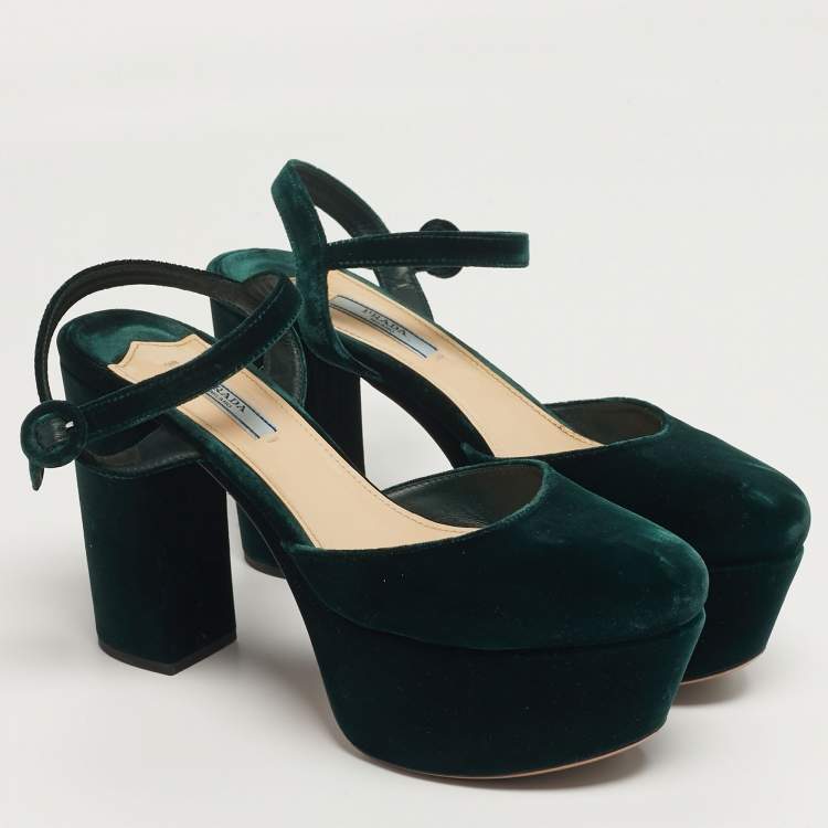 Pre Owned Prada Size 40 Green Velvet Platform Ankle Strap Pumps