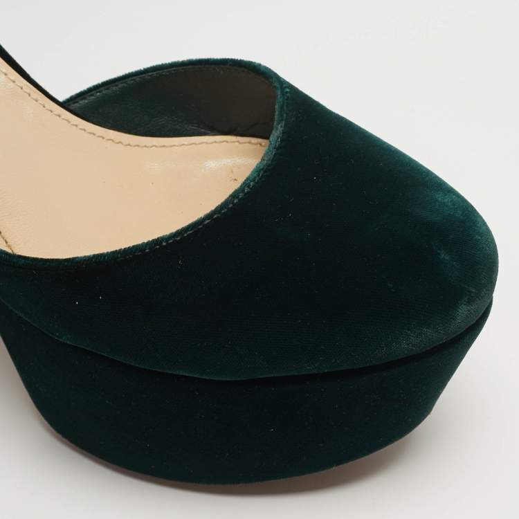 Pre Owned Prada Size 40 Green Velvet Platform Ankle Strap Pumps