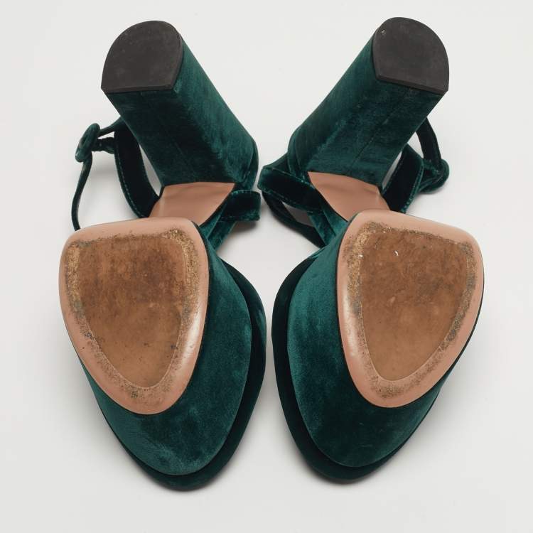 Pre Owned Prada Size 40 Green Velvet Platform Ankle Strap Pumps