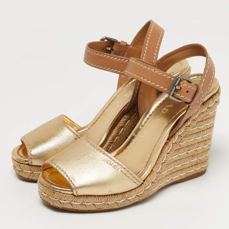 Pre Owned Prada Ankle Strap Size 39 Gold/Brown Leather Platform Wedge Sandals