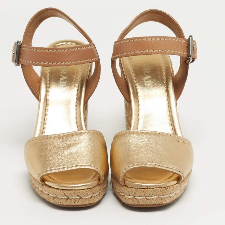 Pre Owned Prada Ankle Strap Size 39 Gold/Brown Leather Platform Wedge Sandals
