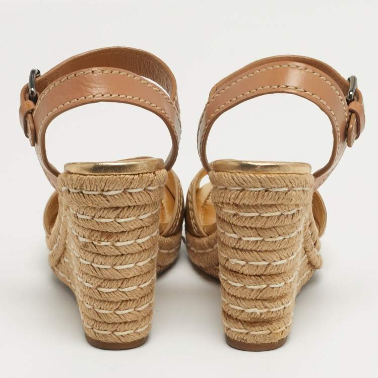 Pre Owned Prada Ankle Strap Size 39 Gold/Brown Leather Platform Wedge Sandals