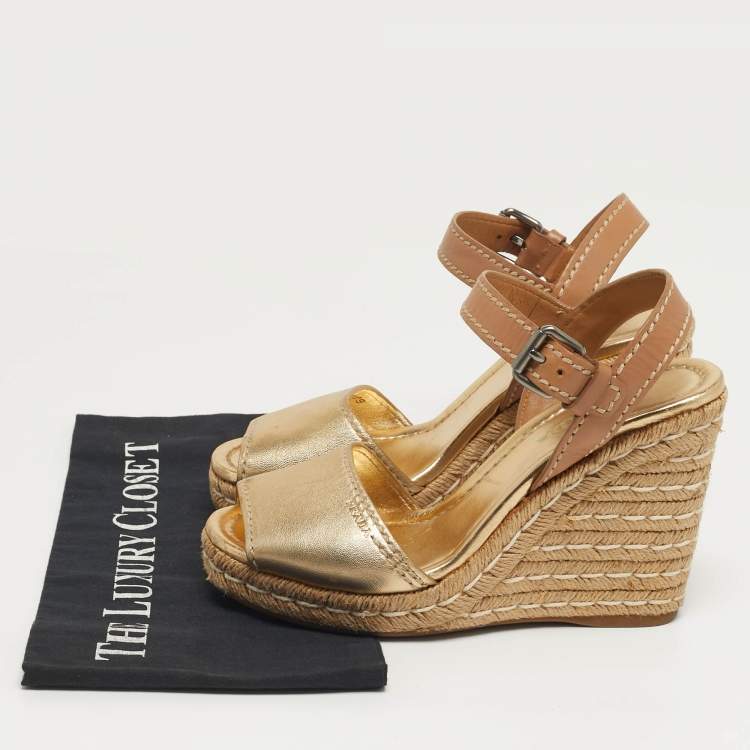 Pre Owned Prada Ankle Strap Size 39 Gold/Brown Leather Platform Wedge Sandals