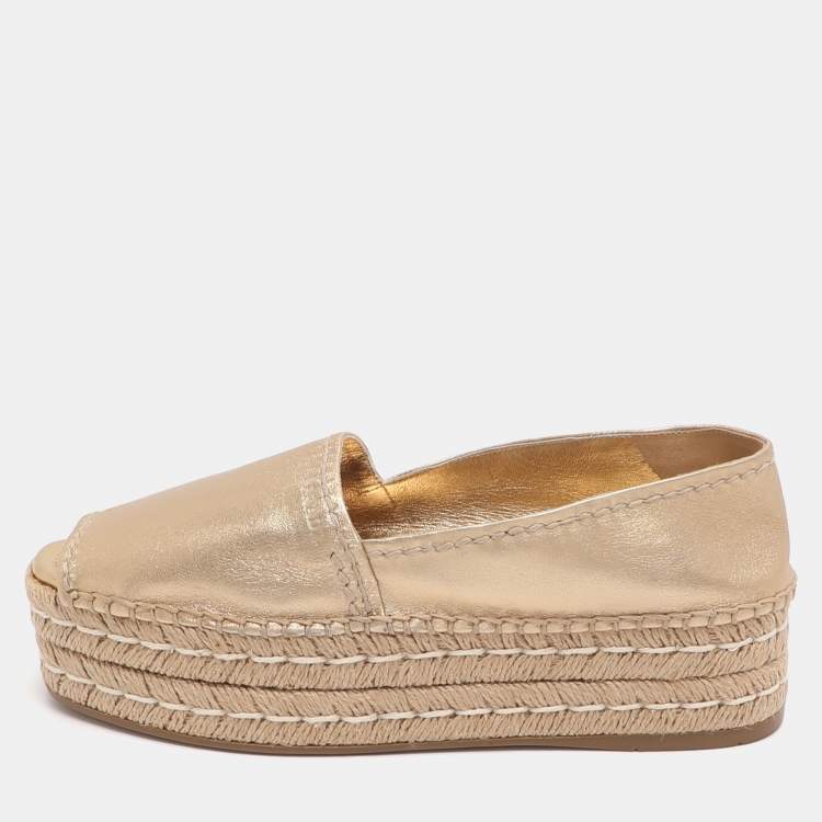 Pre Owned Prada Size 38 Gold Leather Peep Toe Platform Espadrille Flats