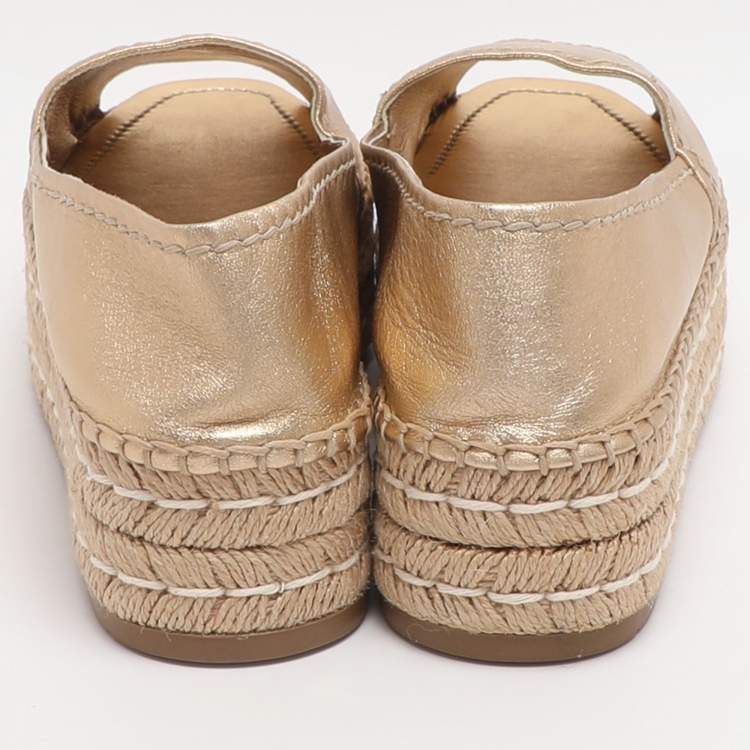 Pre Owned Prada Size 38 Gold Leather Peep Toe Platform Espadrille Flats